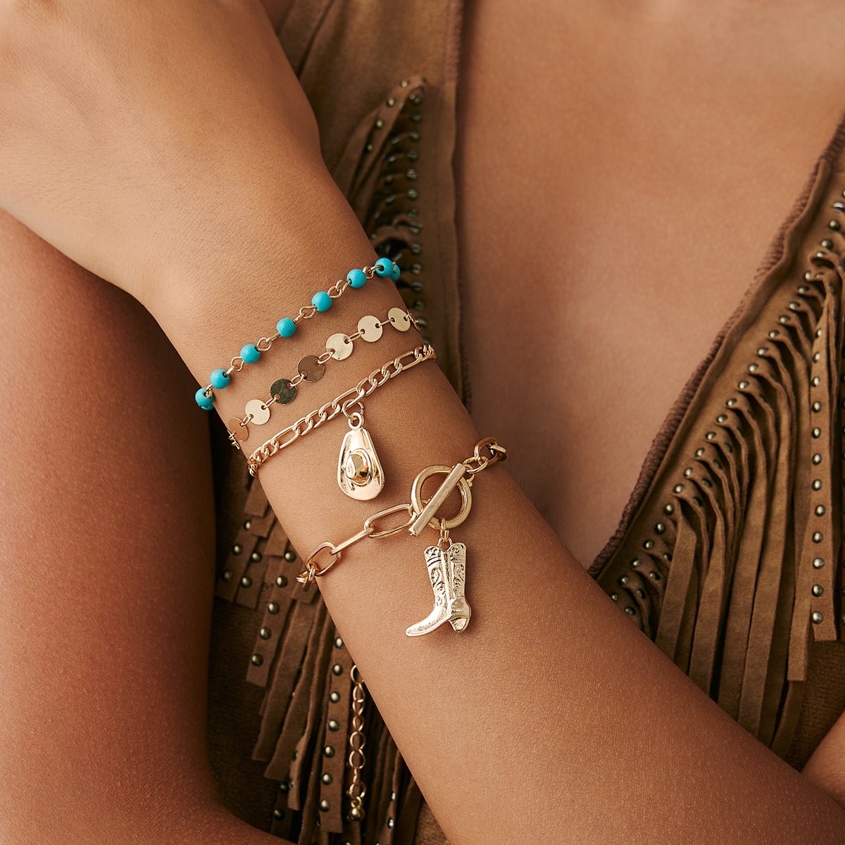 4 Pcs Toggle Clasp Cowboy Hat Boot Charm Turquoise Chain Bracelet Set - ArtGalleryZen