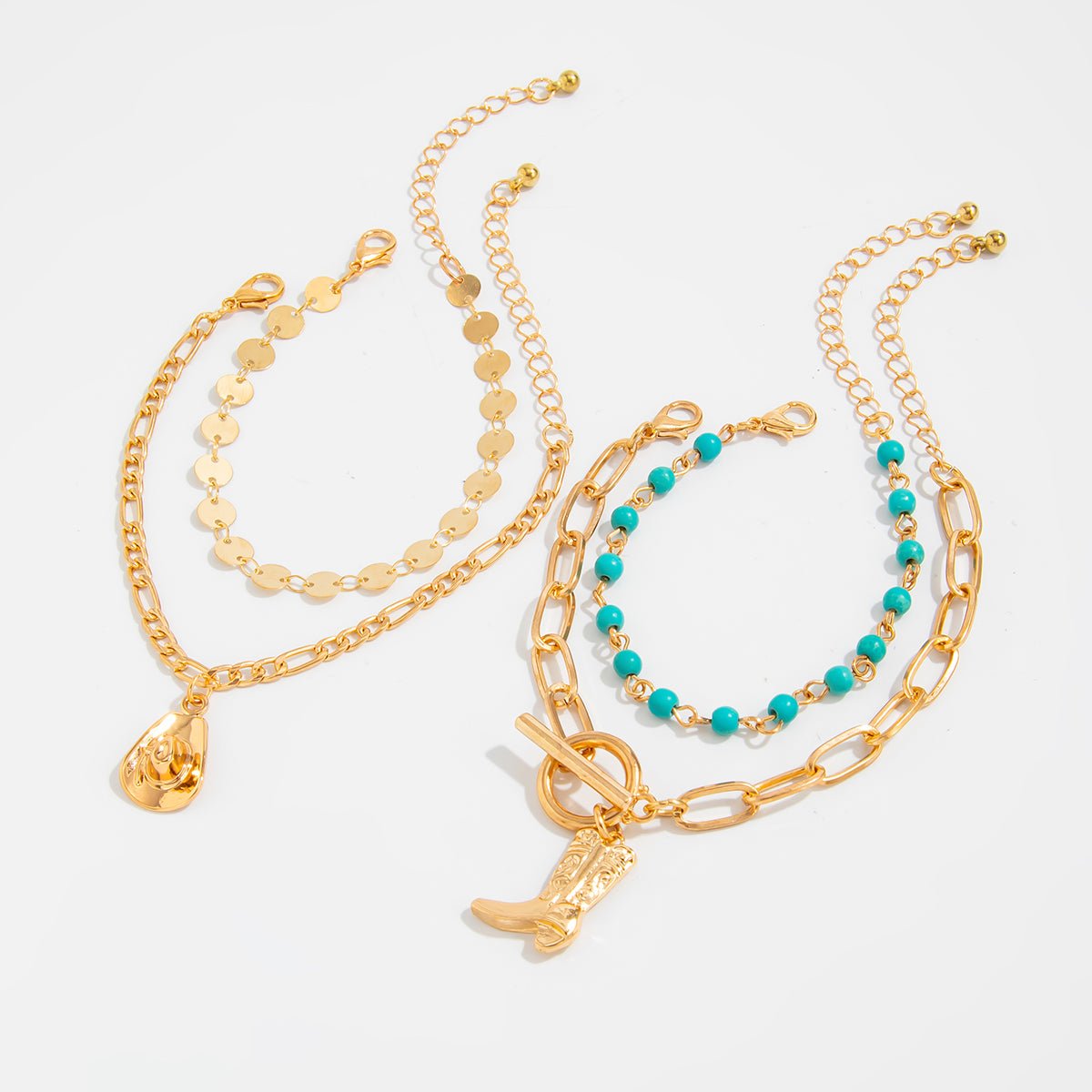 4 Pcs Toggle Clasp Cowboy Hat Boot Charm Turquoise Chain Bracelet Set - ArtGalleryZen