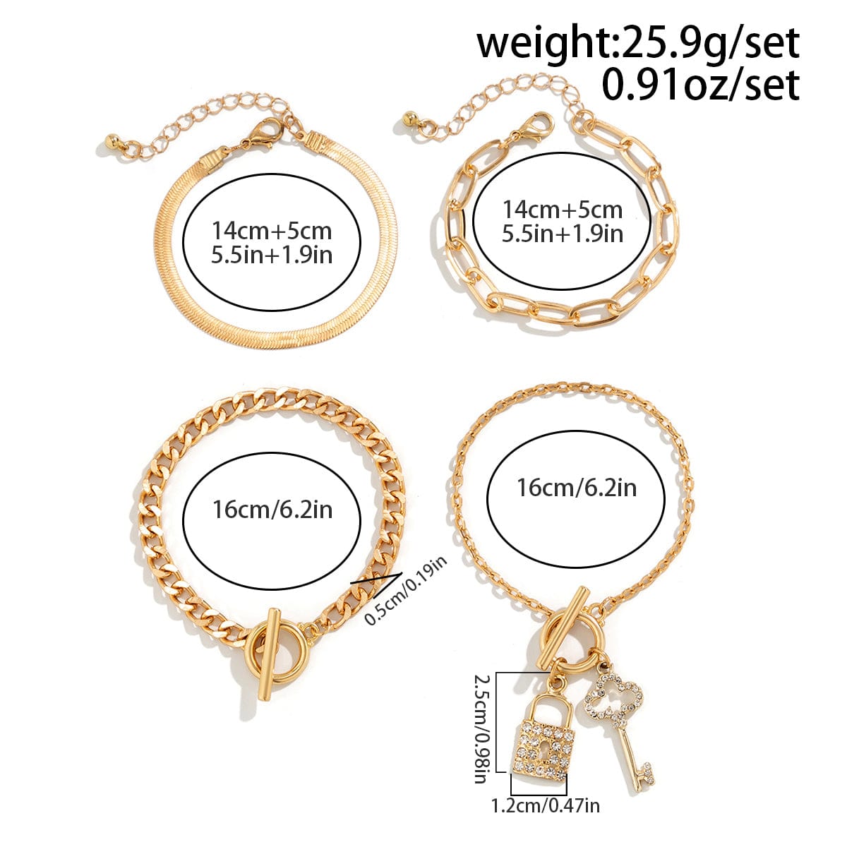 4 Pcs Toggle Clasp Cubic Zirconia Inlaid Key Lock Pendant Stackable Bracelet Set - ArtGalleryZen