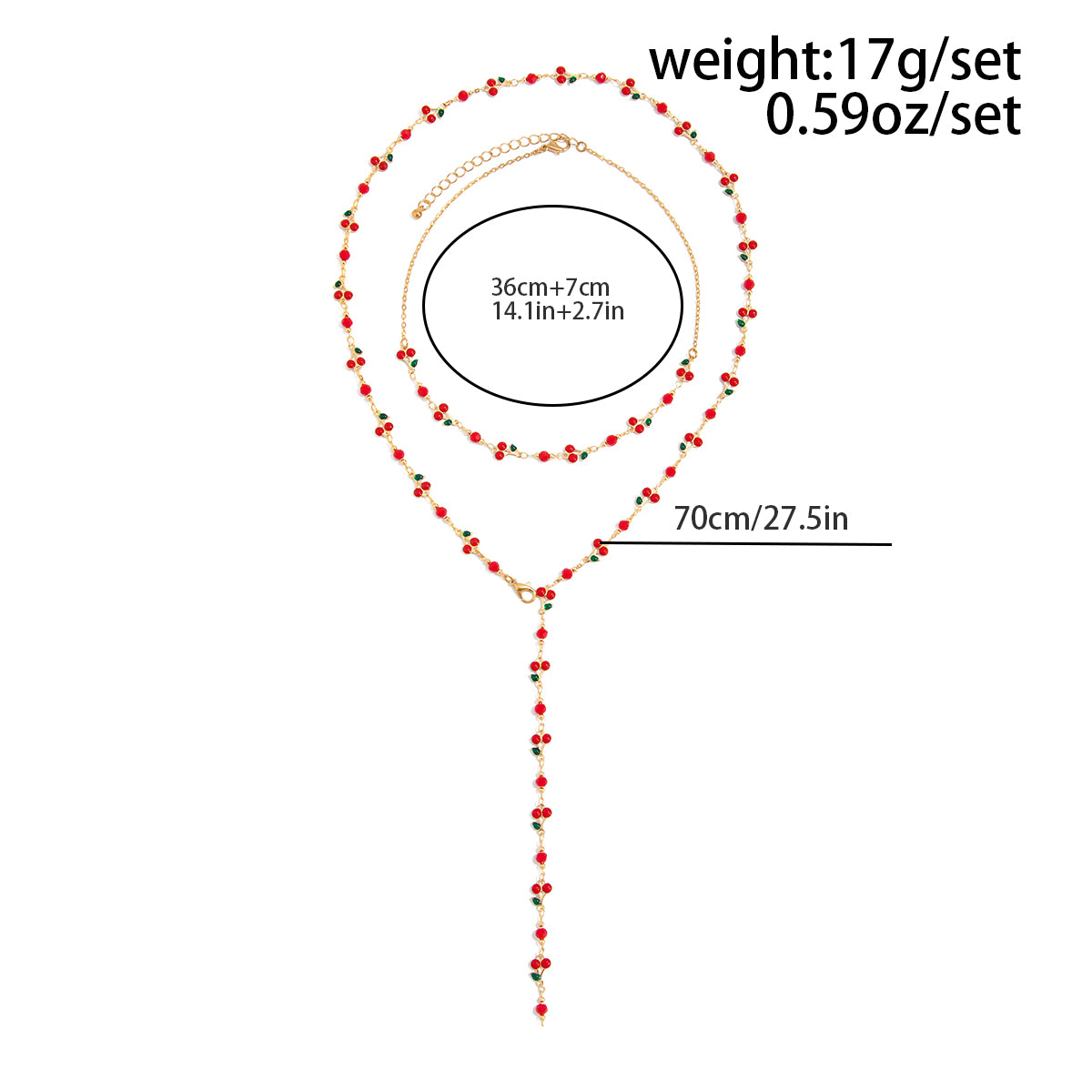 Chic 2pcs Enamel Cherry Rhinestone Chain Y Necklace Set