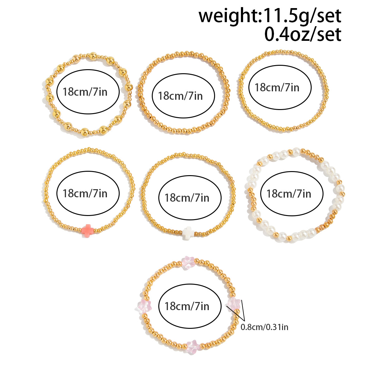 Elegant 7pcs Star Cross Charm Pearl Beaded Chain Bracelet Set