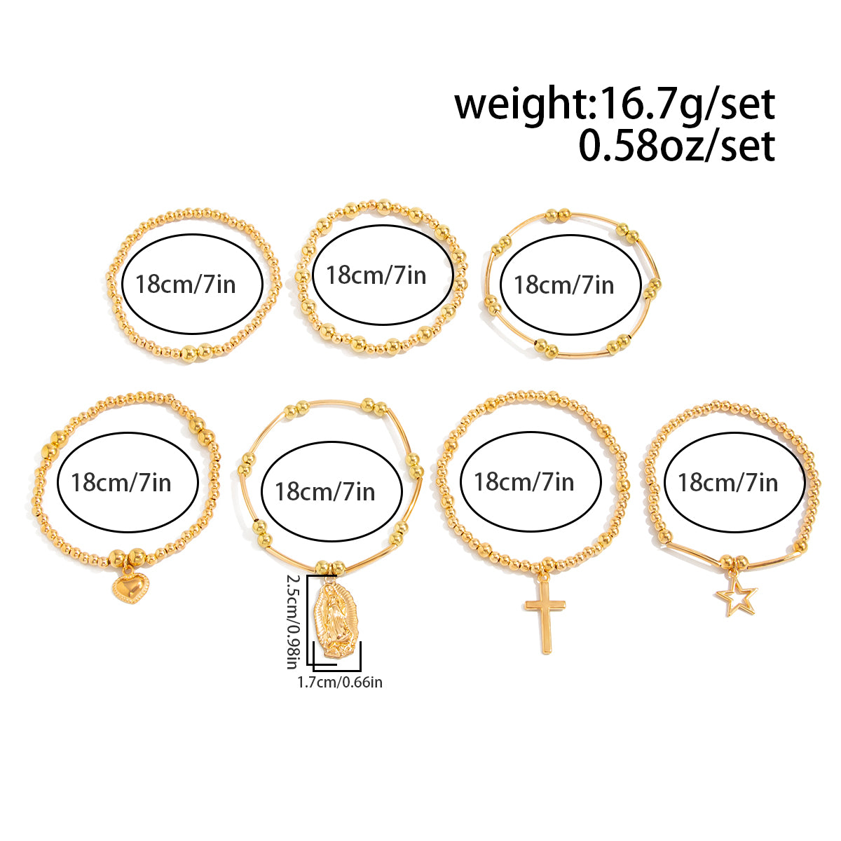 Stylish 7pcs Heart Star Cross Charm Ball Chain Bracelet Set