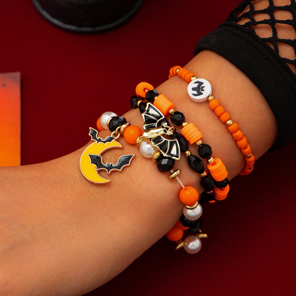 4Pcs Halloween Bat Moon Charm Crystal Pearl Beaded Bracelet Set