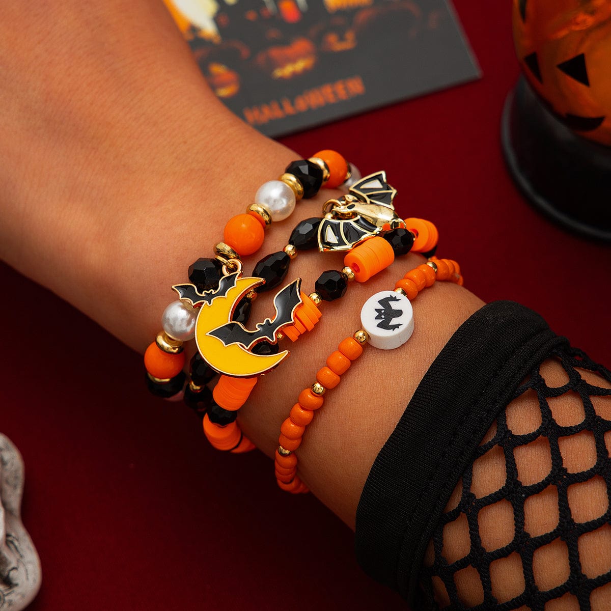 4Pcs Halloween Bat Moon Charm Crystal Pearl Beaded Bracelet Set