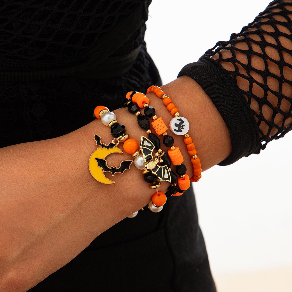 4Pcs Halloween Bat Moon Charm Crystal Pearl Beaded Bracelet Set