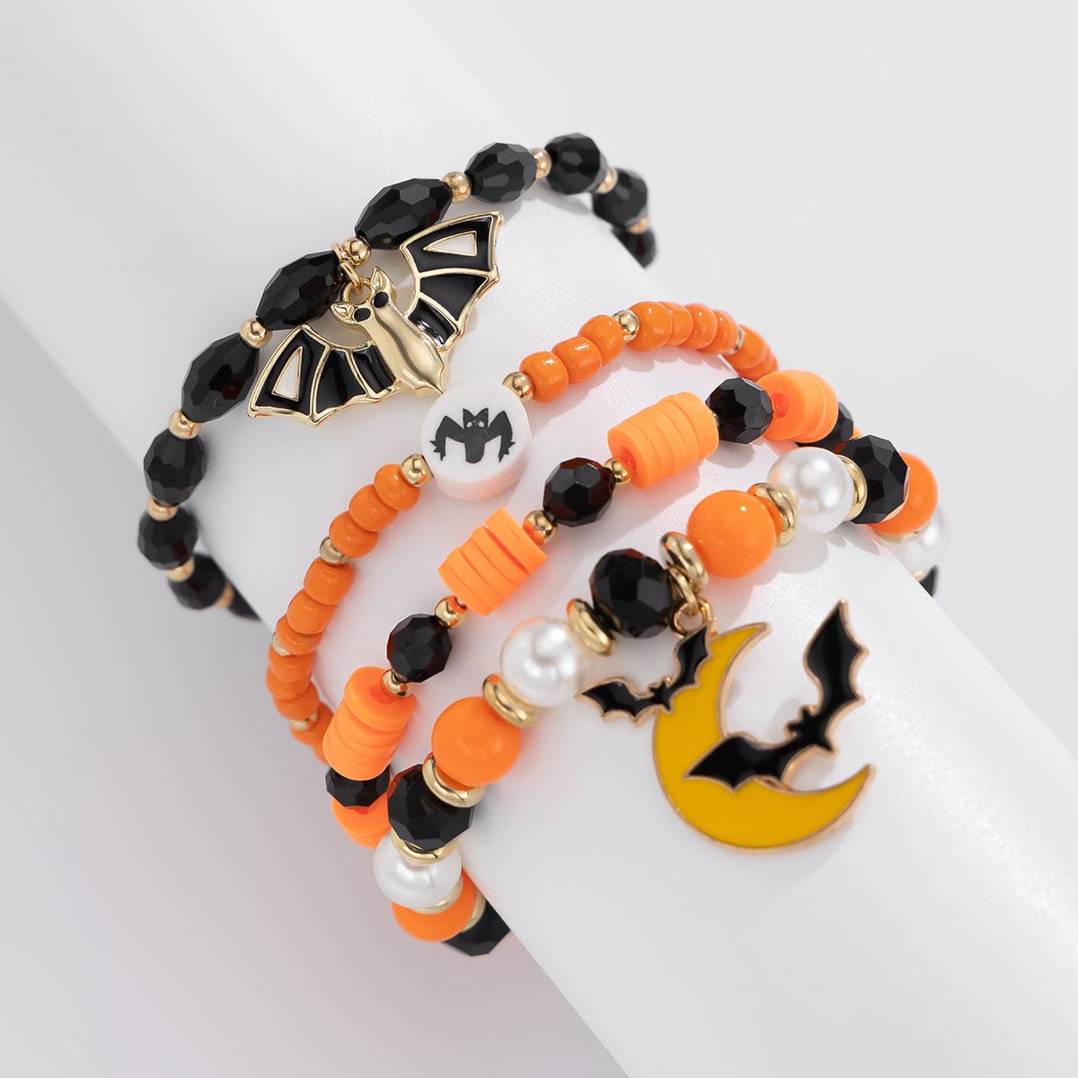 4Pcs Halloween Bat Moon Charm Crystal Pearl Beaded Bracelet Set