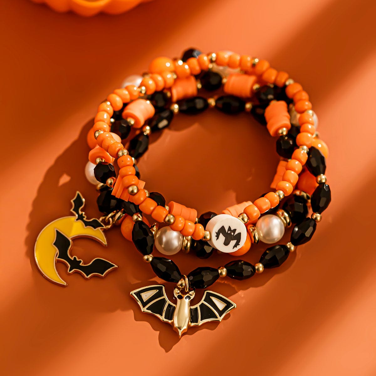 4Pcs Halloween Bat Moon Charm Crystal Pearl Beaded Bracelet Set