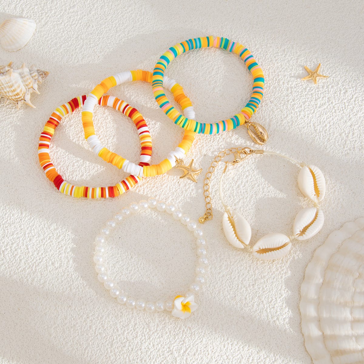 5 Pcs Boho Flower Starfish Conch Charm Polymer Clay Beaded Bracelet Set - ArtGalleryZen