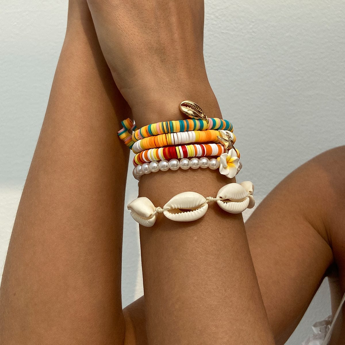 5 Pcs Boho Flower Starfish Conch Charm Polymer Clay Beaded Bracelet Set - ArtGalleryZen