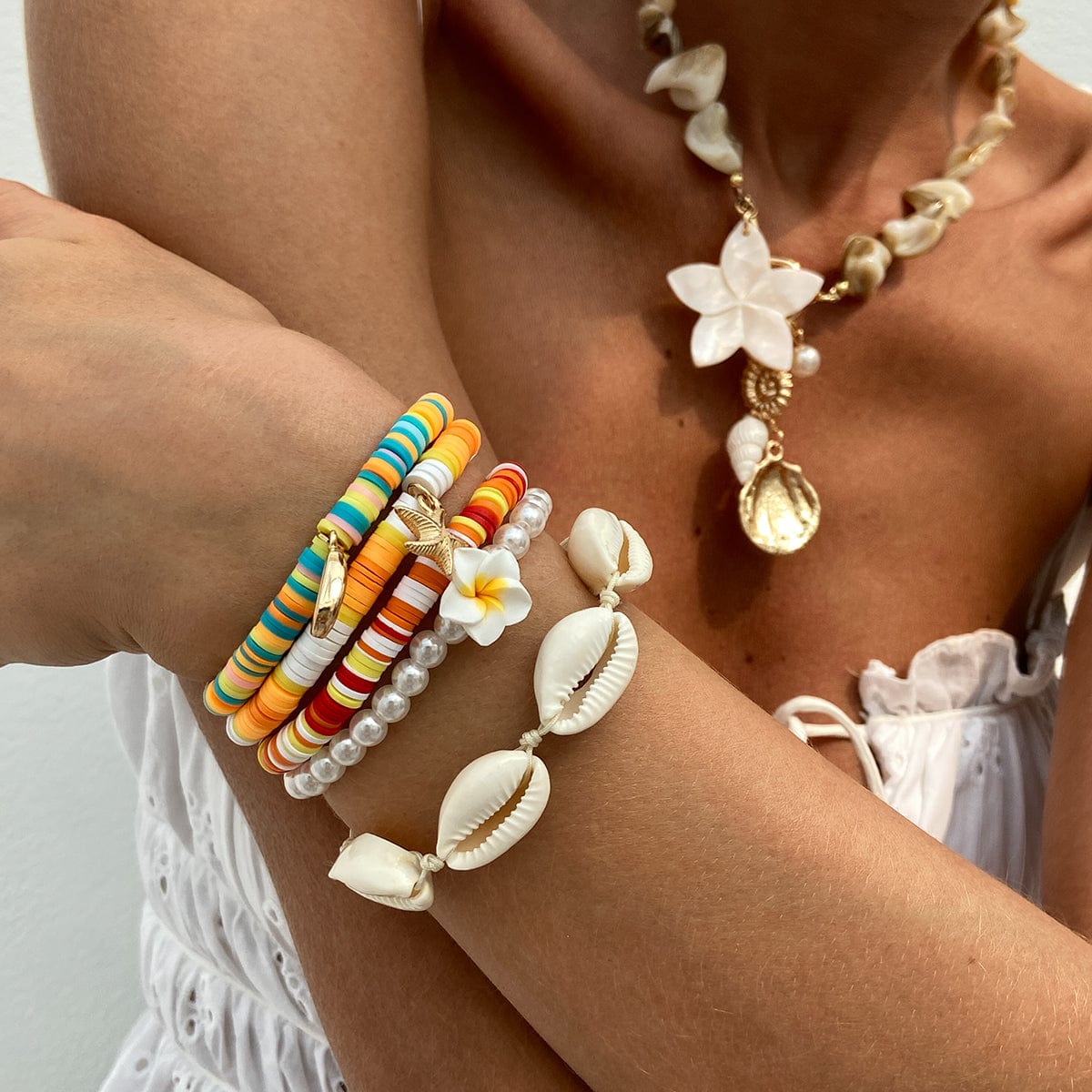 5 Pcs Boho Flower Starfish Conch Charm Polymer Clay Beaded Bracelet Set - ArtGalleryZen