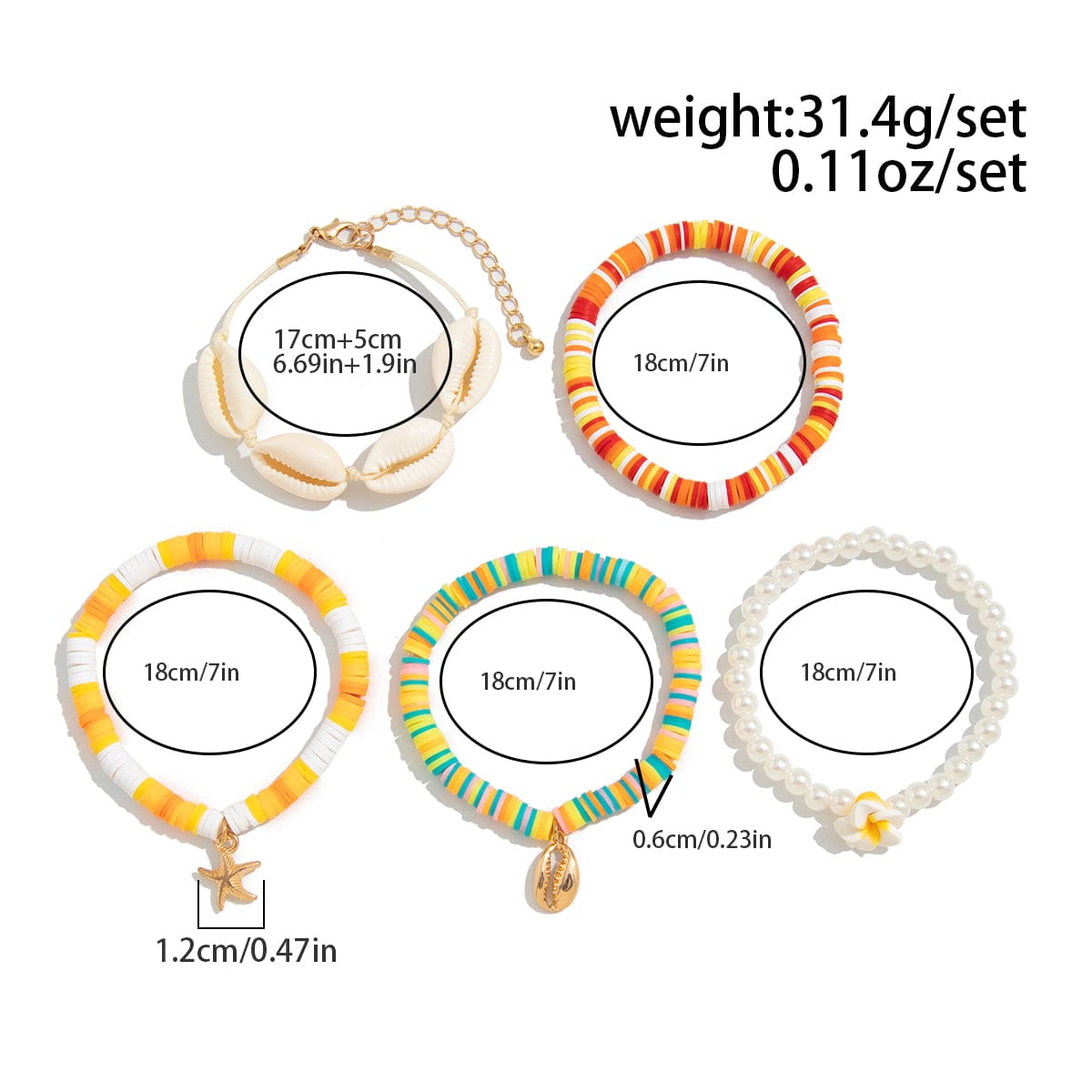 5 Pcs Boho Flower Starfish Conch Charm Polymer Clay Beaded Bracelet Set - ArtGalleryZen