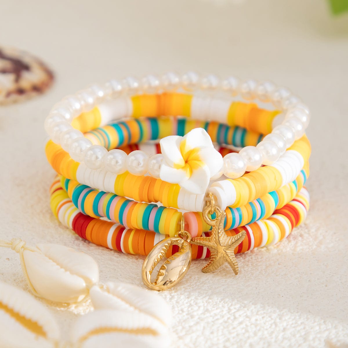 5 Pcs Boho Flower Starfish Conch Charm Polymer Clay Beaded Bracelet Set - ArtGalleryZen