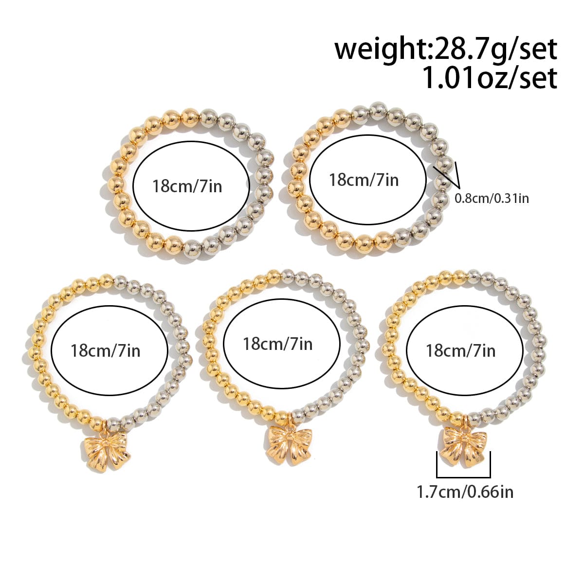5 Pcs Gold Silver Tone Bowknot Charm Ball Chain Bracelet Set - ArtGalleryZen