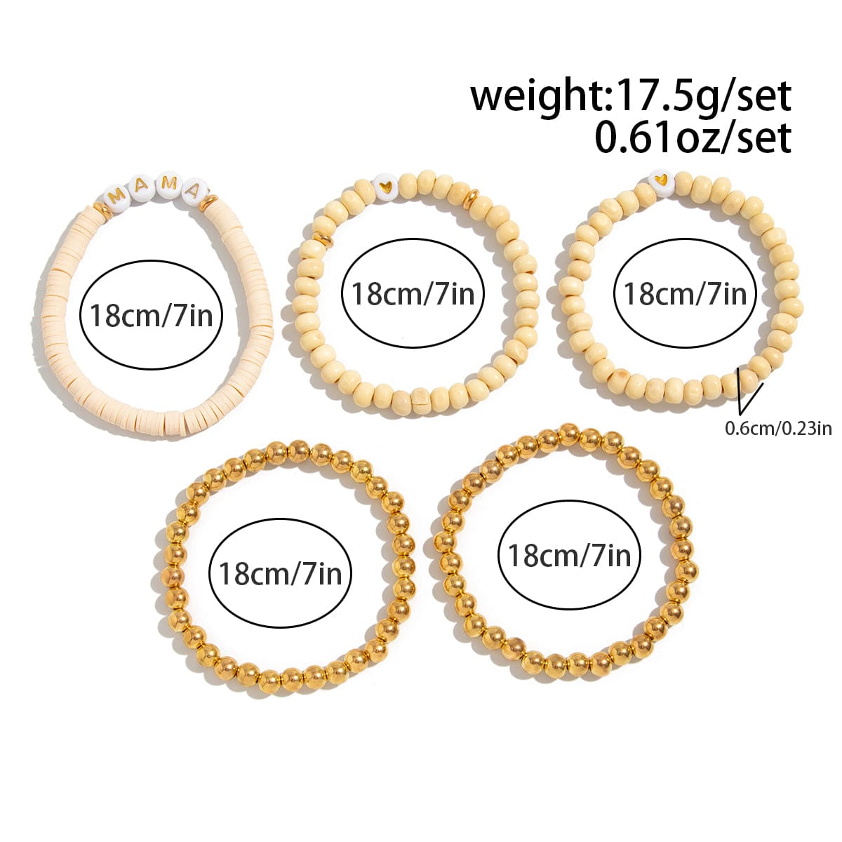 5 Pcs Heart Letter Polymer Clay Wood Beaded Mother's Day Bracelet Set - ArtGalleryZen