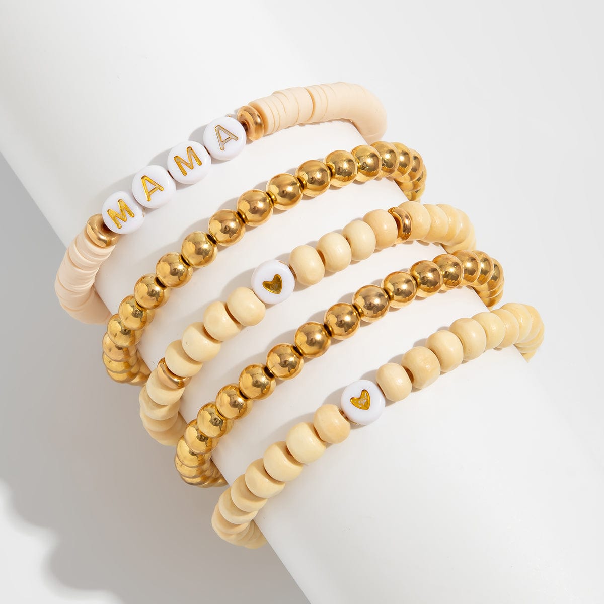 5 Pcs Heart Letter Polymer Clay Wood Beaded Mother's Day Bracelet Set - ArtGalleryZen