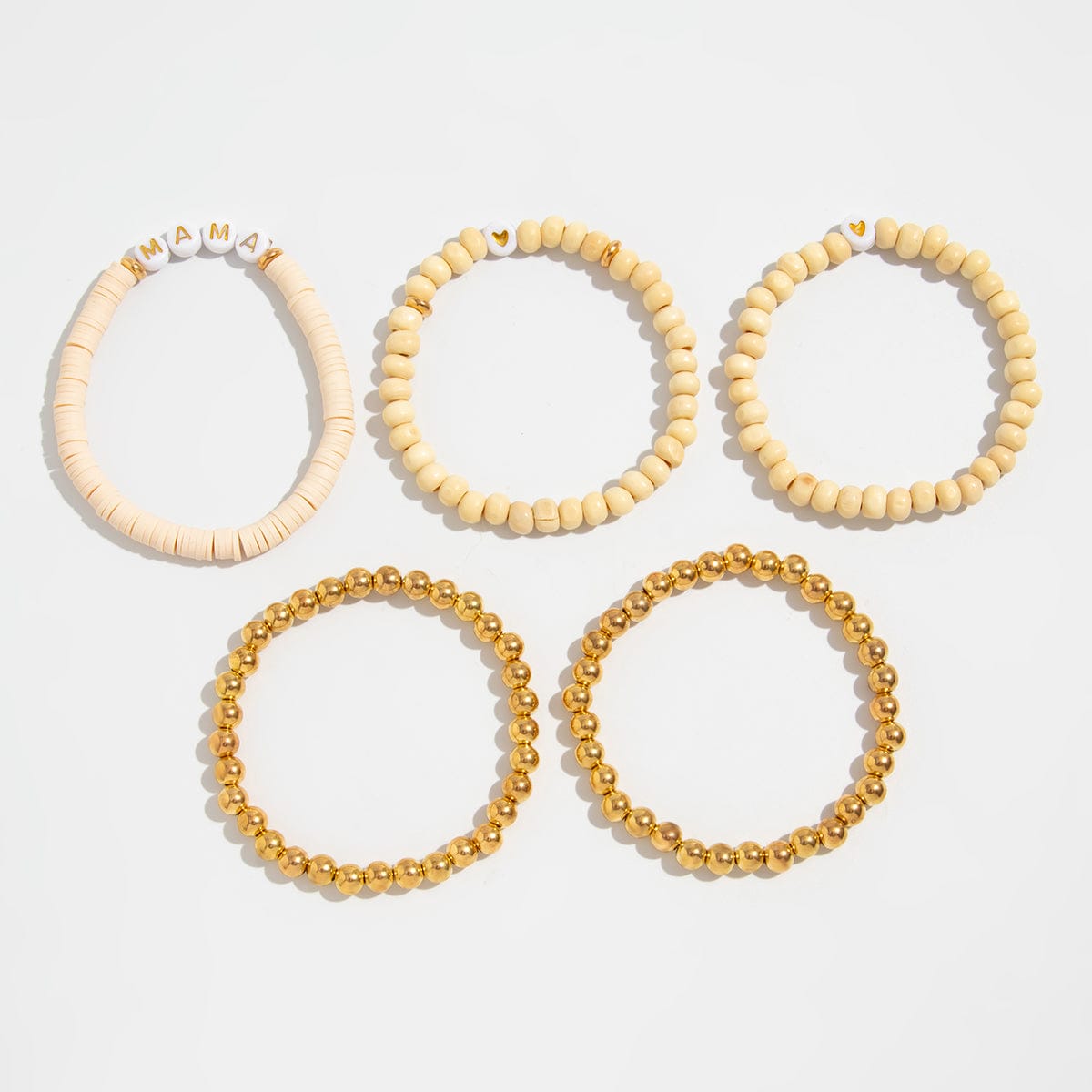 5 Pcs Heart Letter Polymer Clay Wood Beaded Mother's Day Bracelet Set - ArtGalleryZen