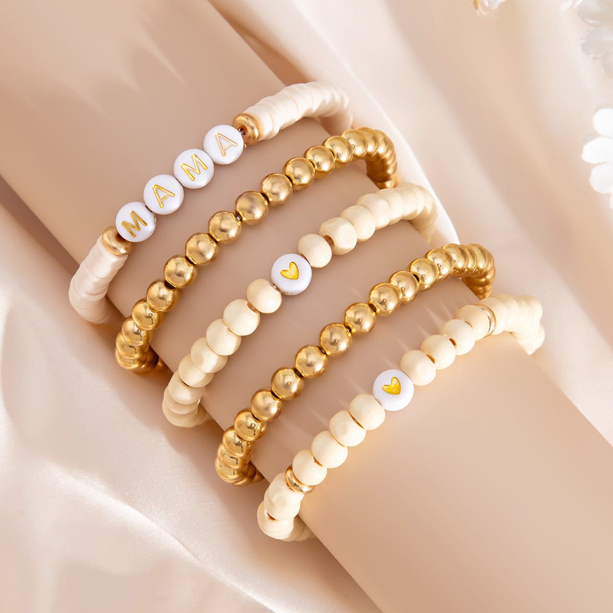 5 Pcs Heart Letter Polymer Clay Wood Beaded Mother's Day Bracelet Set - ArtGalleryZen
