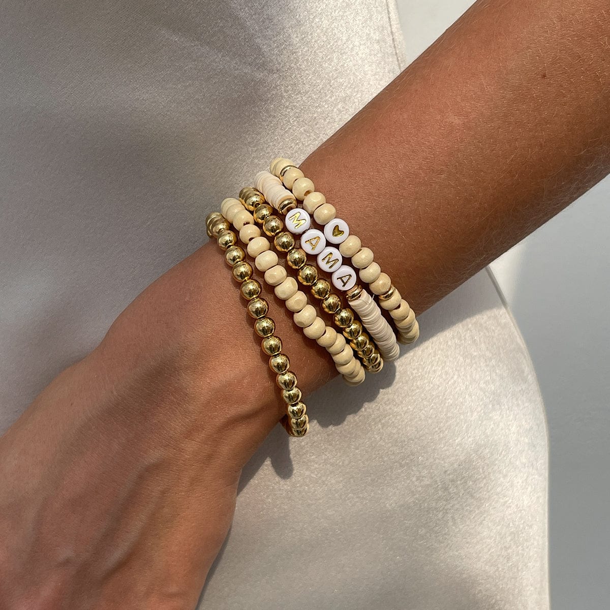 5 Pcs Heart Letter Polymer Clay Wood Beaded Mother's Day Bracelet Set - ArtGalleryZen