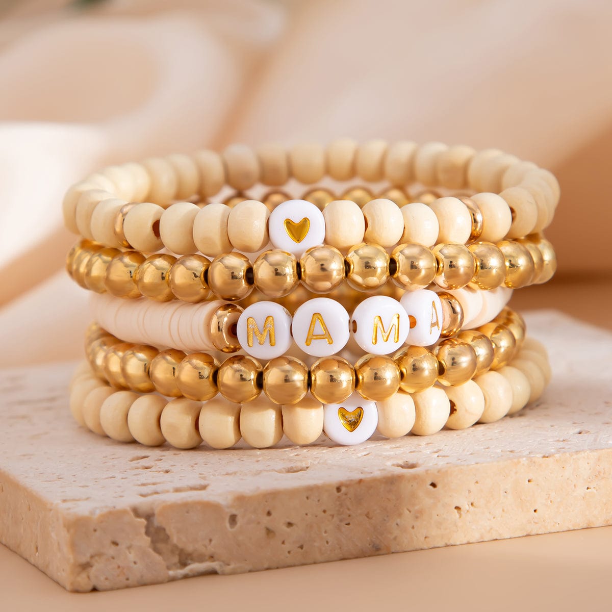 5 Pcs Heart Letter Polymer Clay Wood Beaded Mother's Day Bracelet Set - ArtGalleryZen
