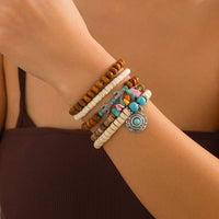 Thumbnail for 5 Pcs Turquoise Inlaid Round Disk Cactus Charm Coconut Shell Wood Beaded Chain Bracelet Set