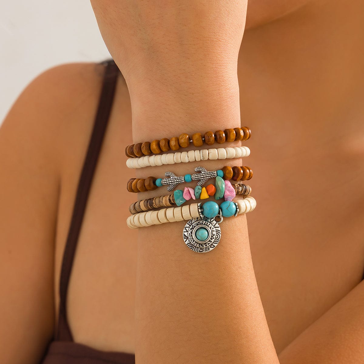 5 Pcs Turquoise Inlaid Round Disk Cactus Charm Coconut Shell Wood Beaded Chain Bracelet Set