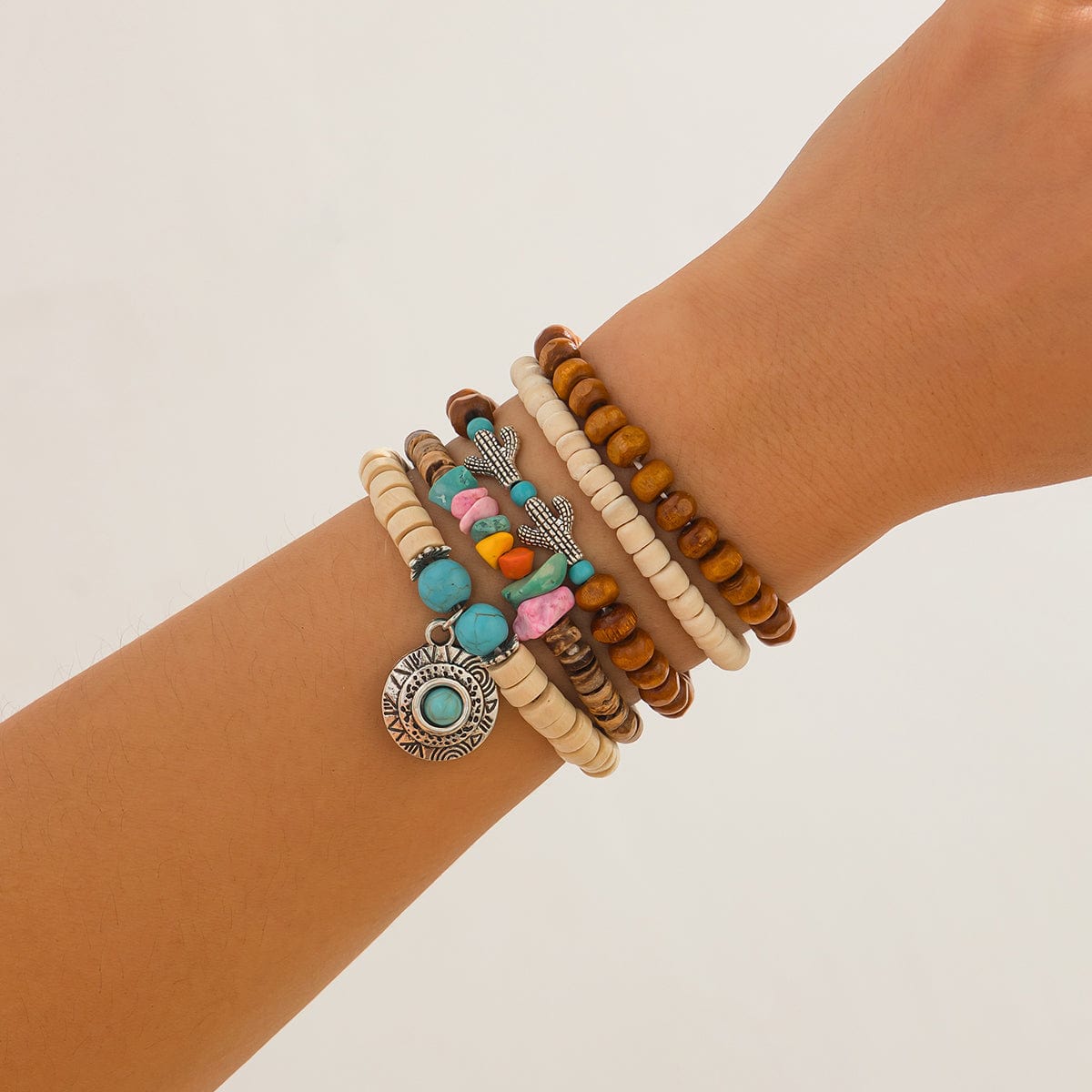 5 Pcs Turquoise Inlaid Round Disk Cactus Charm Coconut Shell Wood Beaded Chain Bracelet Set