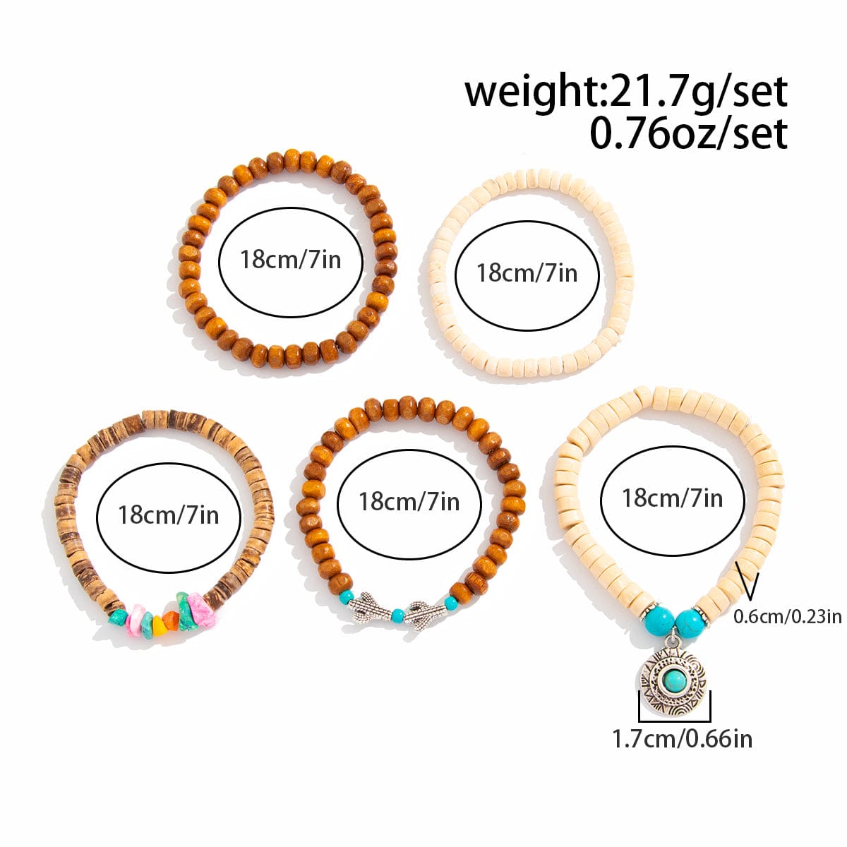 5 Pcs Turquoise Inlaid Round Disk Cactus Charm Coconut Shell Wood Beaded Chain Bracelet Set