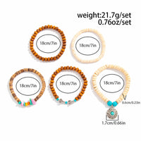 Thumbnail for 5 Pcs Turquoise Inlaid Round Disk Cactus Charm Coconut Shell Wood Beaded Chain Bracelet Set