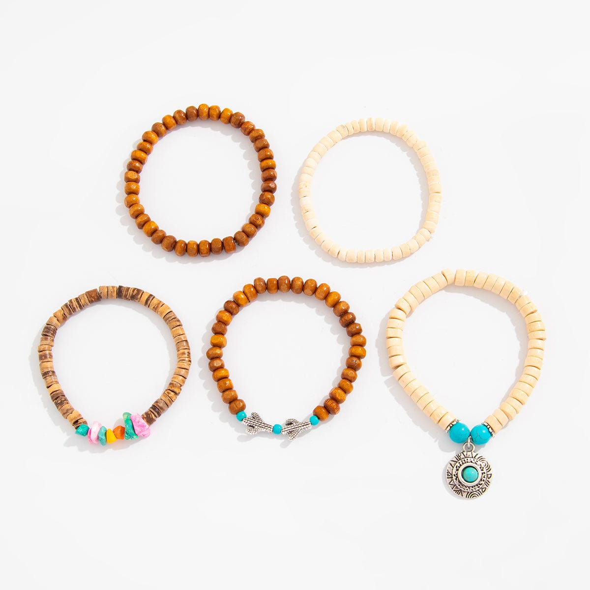 5 Pcs Turquoise Inlaid Round Disk Cactus Charm Coconut Shell Wood Beaded Chain Bracelet Set