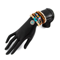 Thumbnail for 5 Pcs Turquoise Inlaid Round Disk Cactus Charm Coconut Shell Wood Beaded Chain Bracelet Set