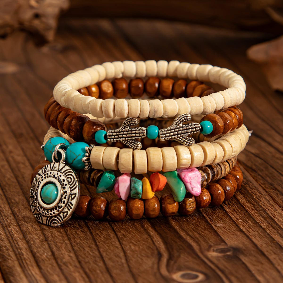 5 Pcs Turquoise Inlaid Round Disk Cactus Charm Coconut Shell Wood Beaded Chain Bracelet Set