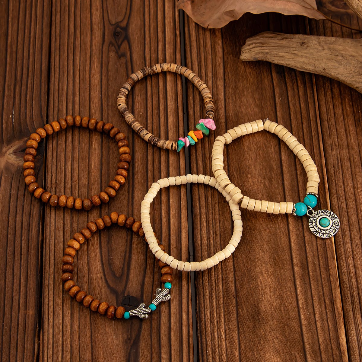 5 Pcs Turquoise Inlaid Round Disk Cactus Charm Coconut Shell Wood Beaded Chain Bracelet Set