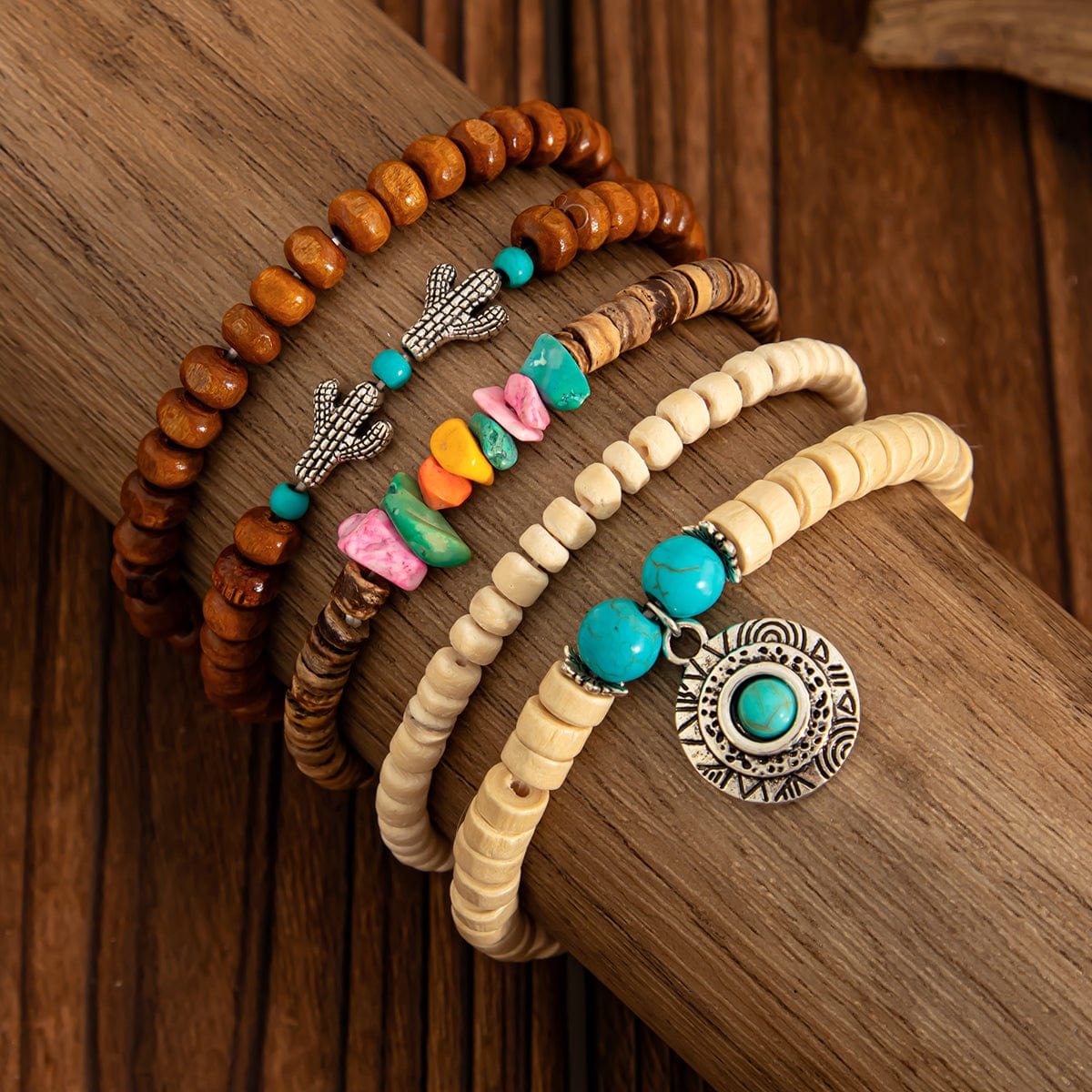 5 Pcs Turquoise Inlaid Round Disk Cactus Charm Coconut Shell Wood Beaded Chain Bracelet Set