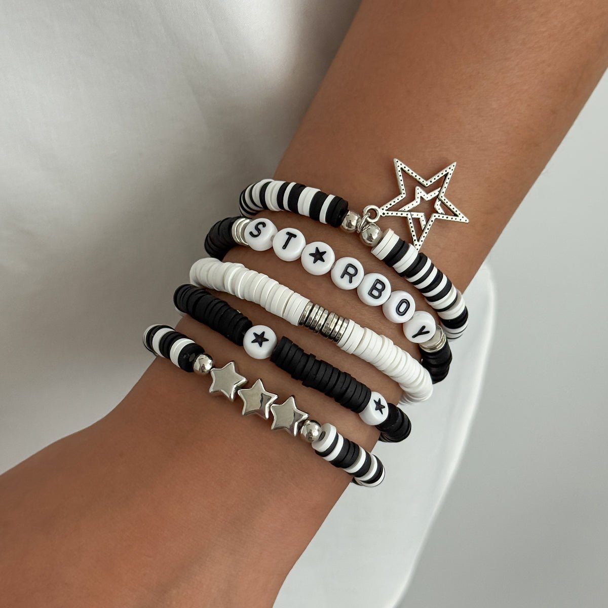 5 Piece Polymer Clay Beaded Bracelet Set Star Letter Charm Gift - ArtGalleryZen