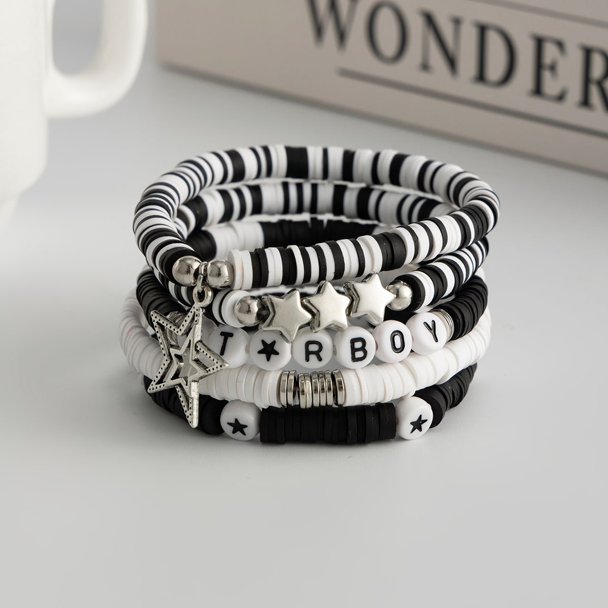 5 Piece Polymer Clay Beaded Bracelet Set Star Letter Charm Gift - ArtGalleryZen