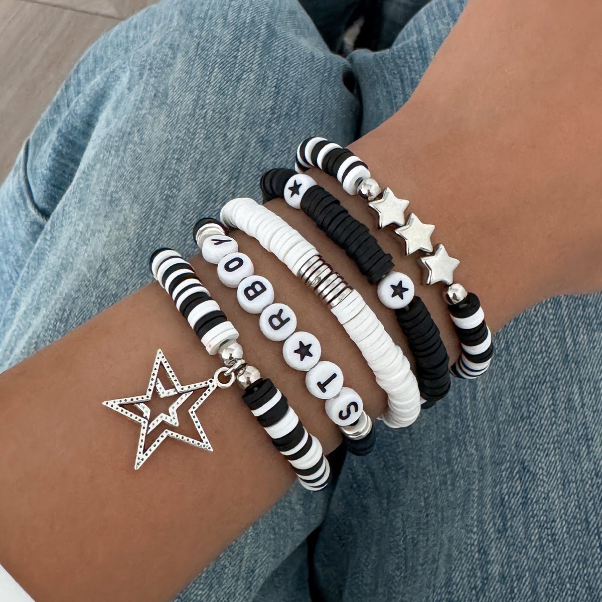 5 Piece Polymer Clay Beaded Bracelet Set Star Letter Charm Gift - ArtGalleryZen
