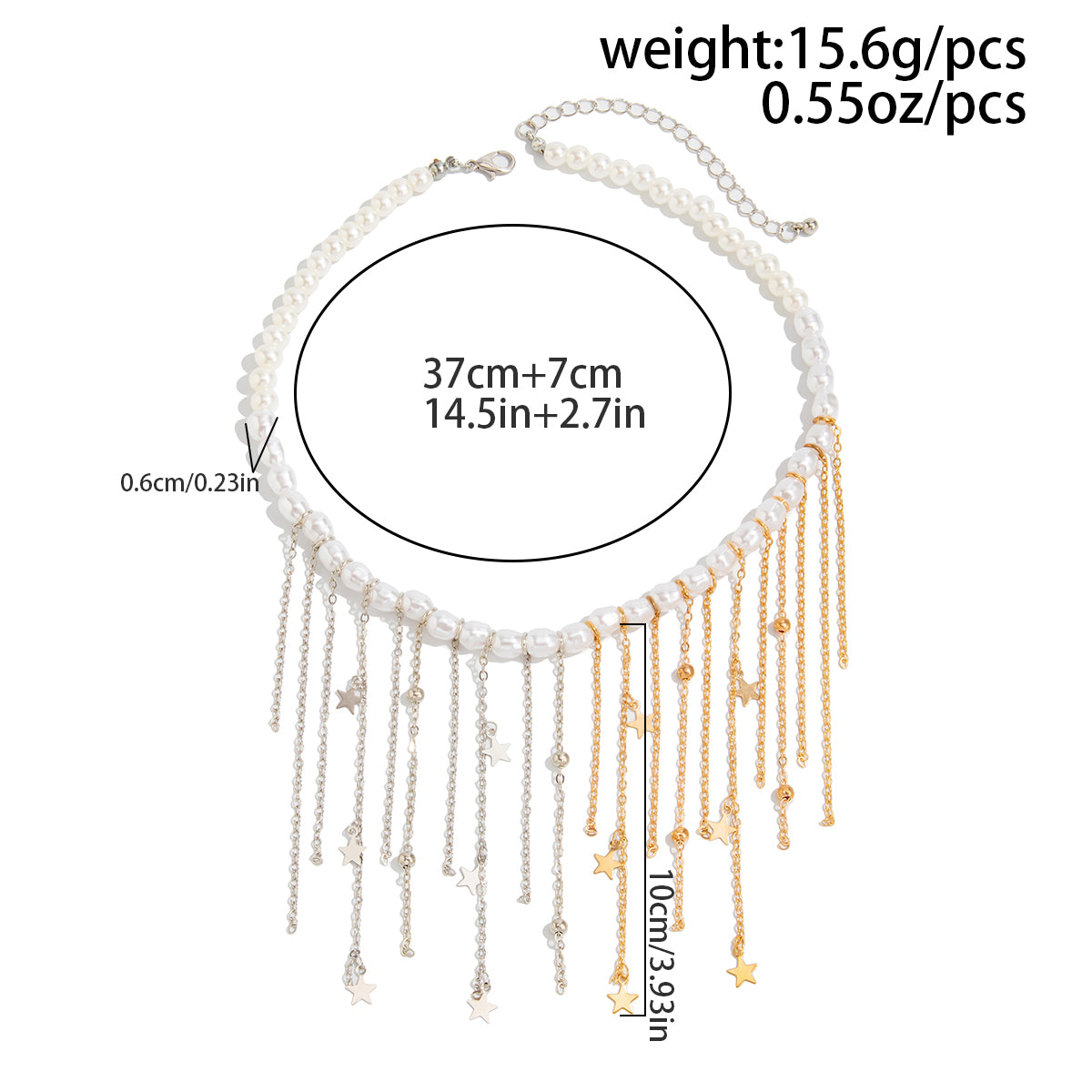 Newly Two Tone Star Ball Chain Tassel Pearl Necklace