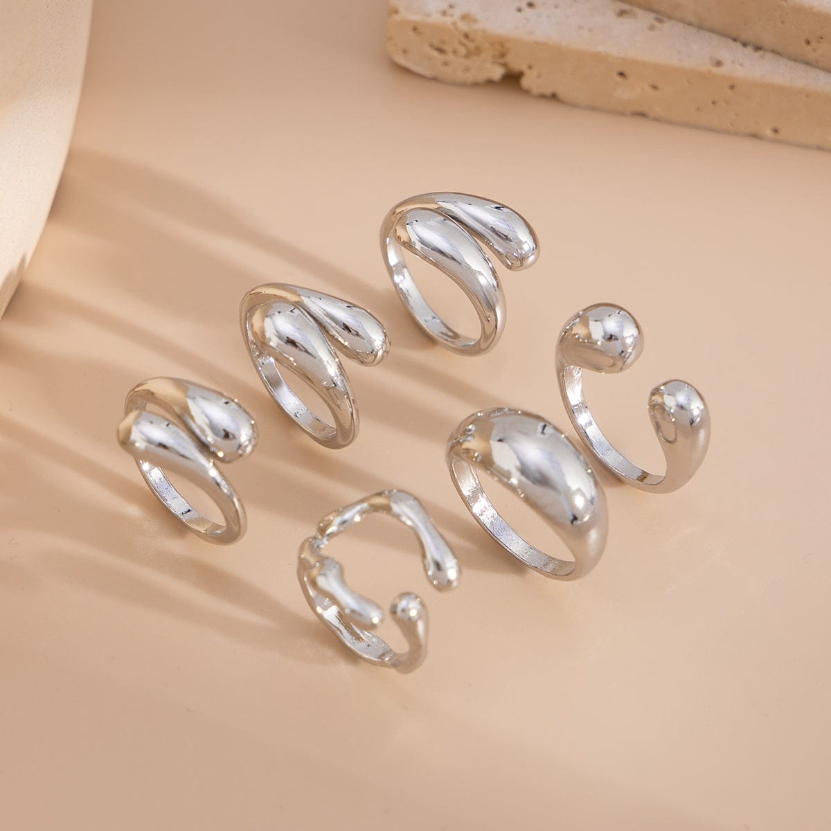 6 Pcs Classic Gold Silver Tone Waterdrop Open Ring Set