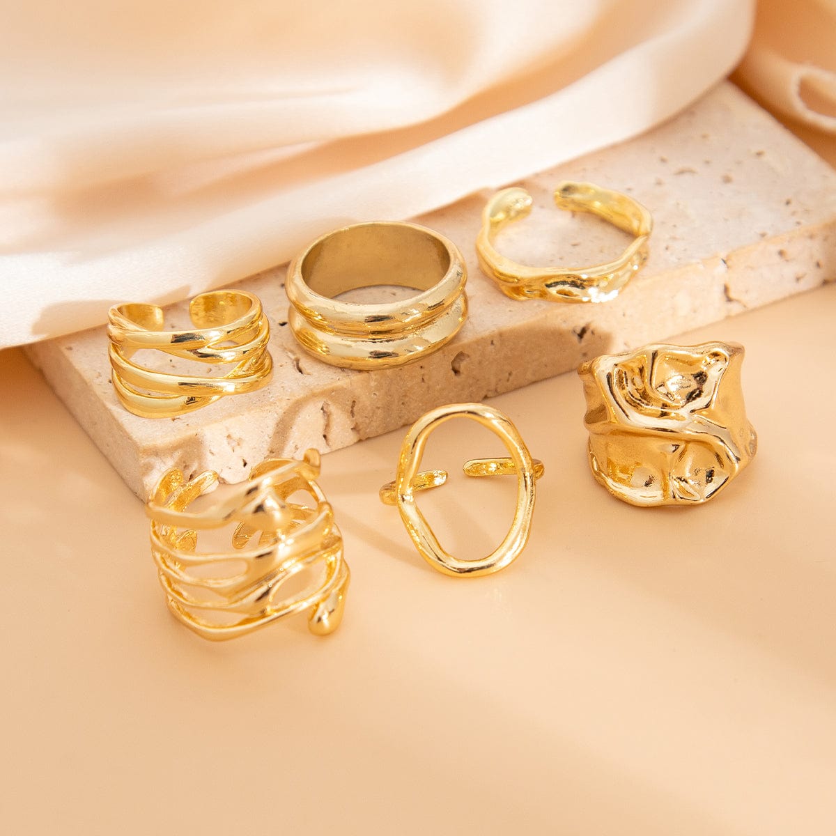 6 Pcs Geometric Pleated Hollow Pattern Stackable Ring Set - ArtGalleryZen