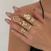 Thumbnail for 6 Pcs Geometric Pleated Hollow Pattern Stackable Ring Set - ArtGalleryZen