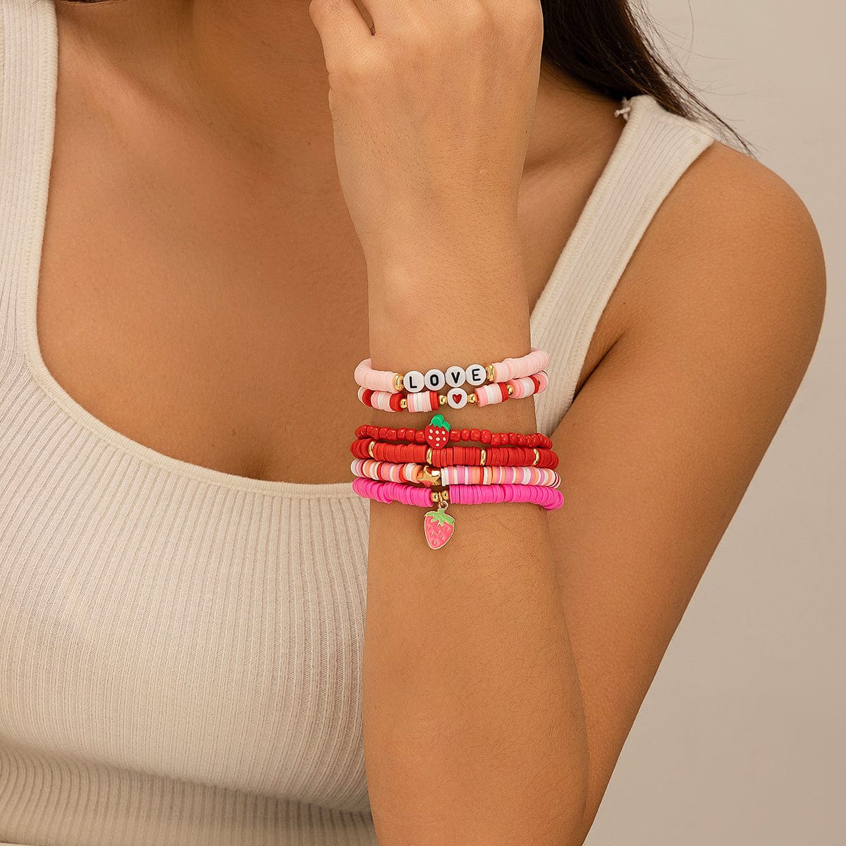 6 Pcs Love Strawberry Charm Star Polymer Clay Letter Beaded Bracelet Set