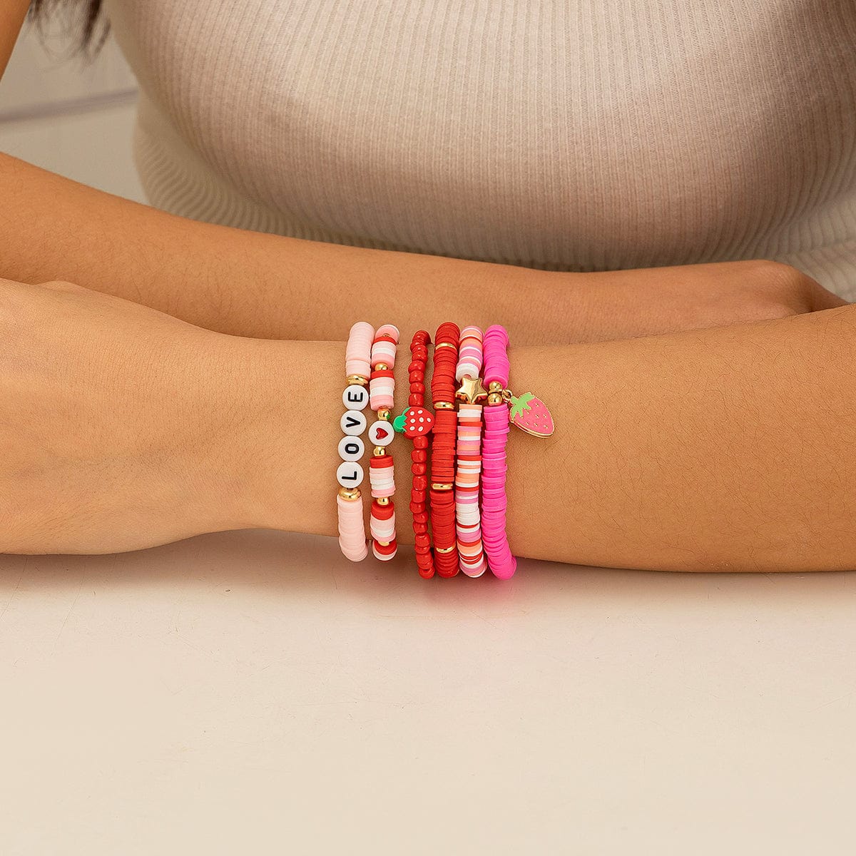 6 Pcs Love Strawberry Charm Star Polymer Clay Letter Beaded Bracelet Set