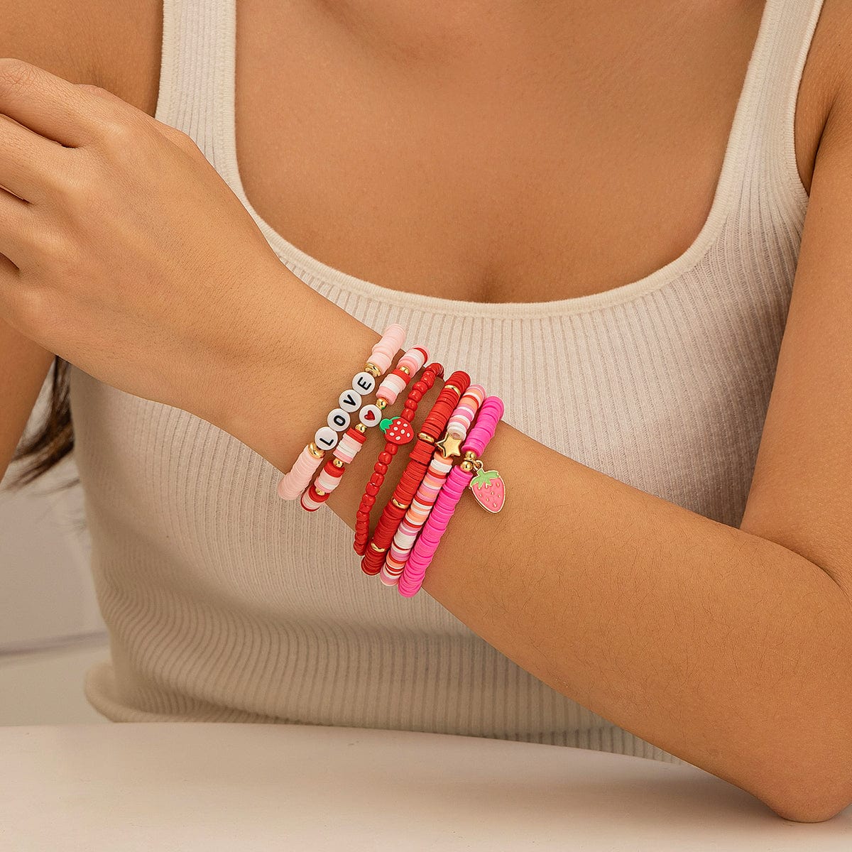 6 Pcs Love Strawberry Charm Star Polymer Clay Letter Beaded Bracelet Set