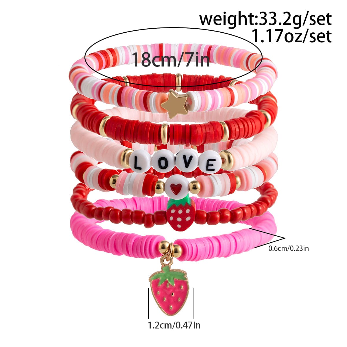 6 Pcs Love Strawberry Charm Star Polymer Clay Letter Beaded Bracelet Set