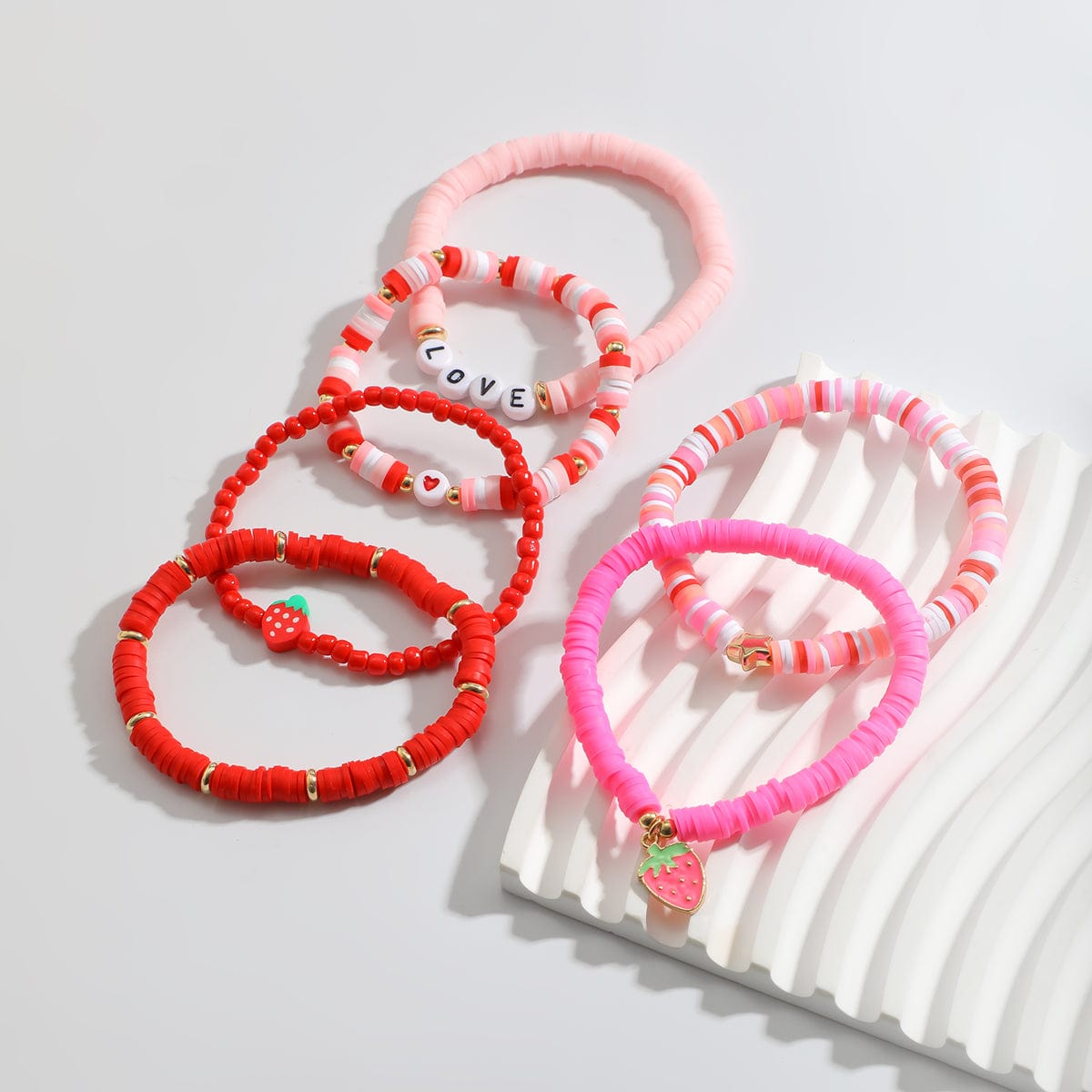 6 Pcs Love Strawberry Charm Star Polymer Clay Letter Beaded Bracelet Set