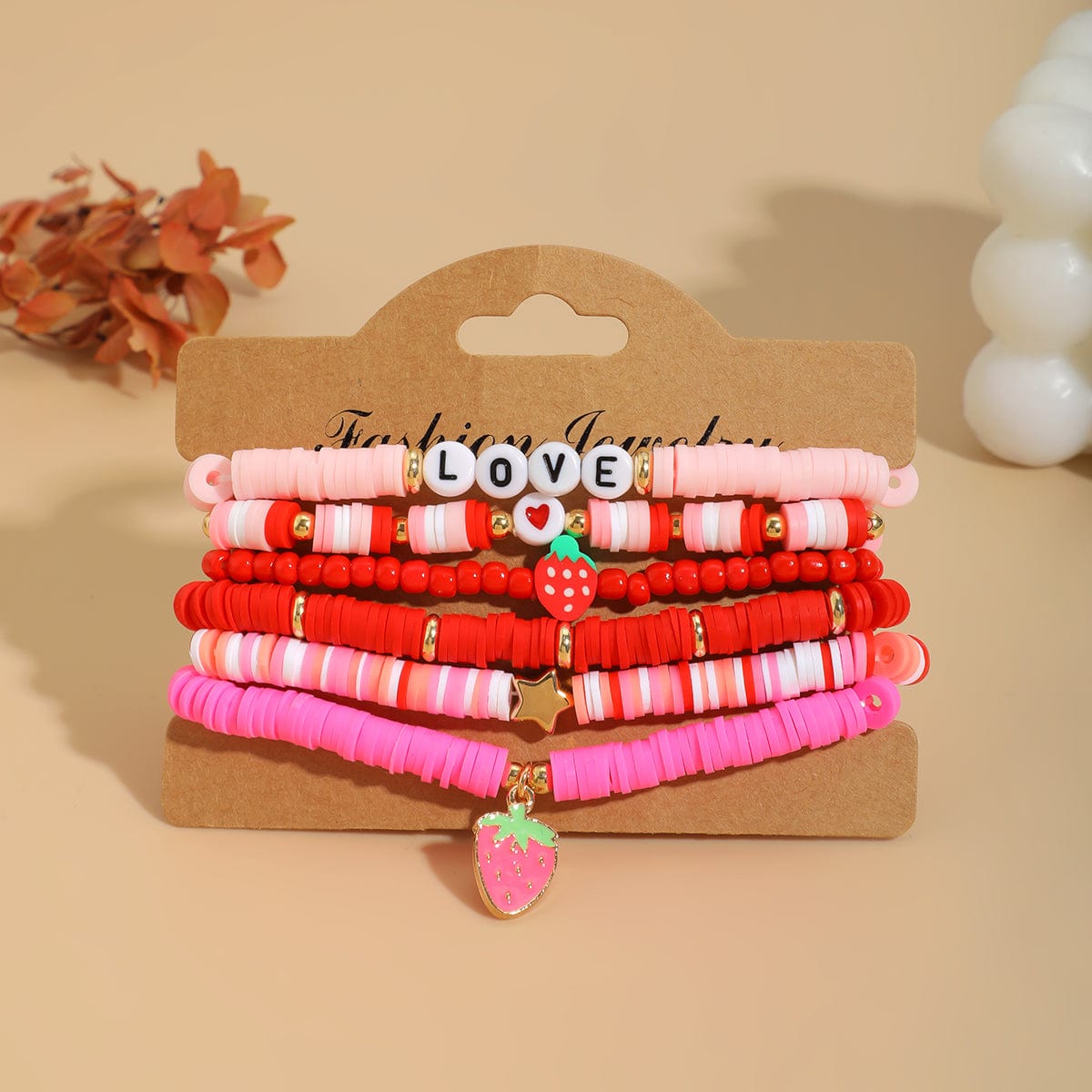 6 Pcs Love Strawberry Charm Star Polymer Clay Letter Beaded Bracelet Set