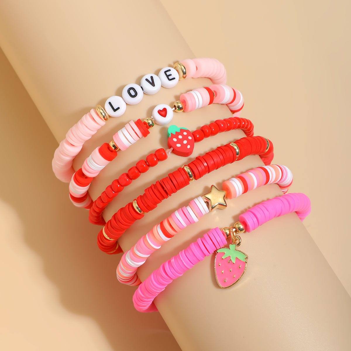 6 Pcs Love Strawberry Charm Star Polymer Clay Letter Beaded Bracelet Set