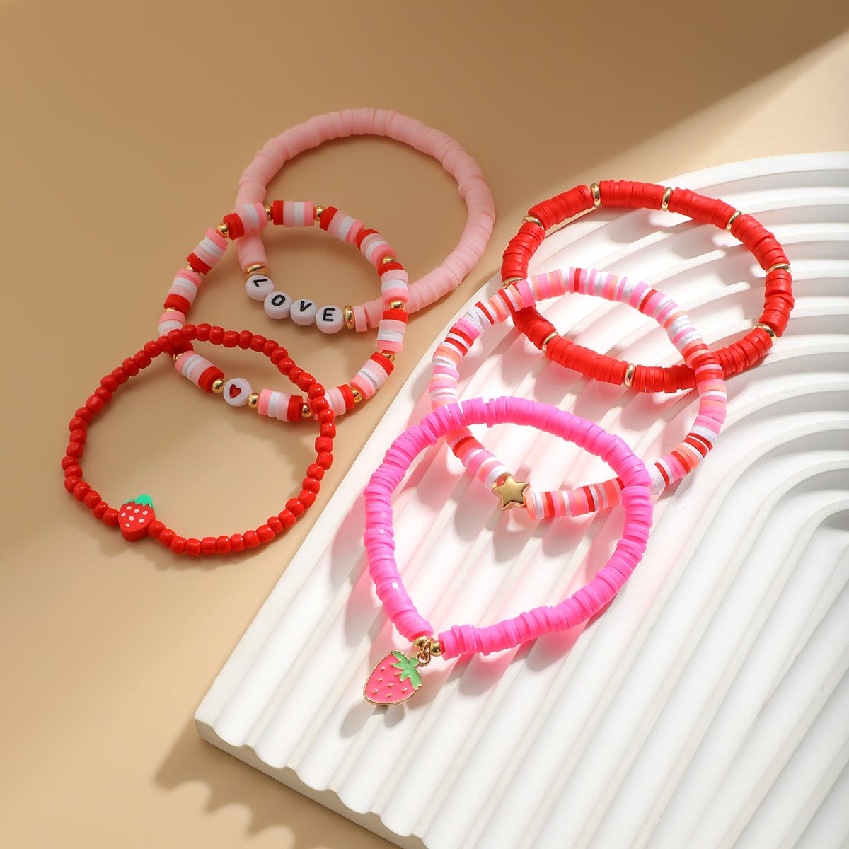 6 Pcs Love Strawberry Charm Star Polymer Clay Letter Beaded Bracelet Set