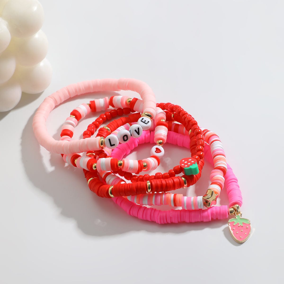 6 Pcs Love Strawberry Charm Star Polymer Clay Letter Beaded Bracelet Set