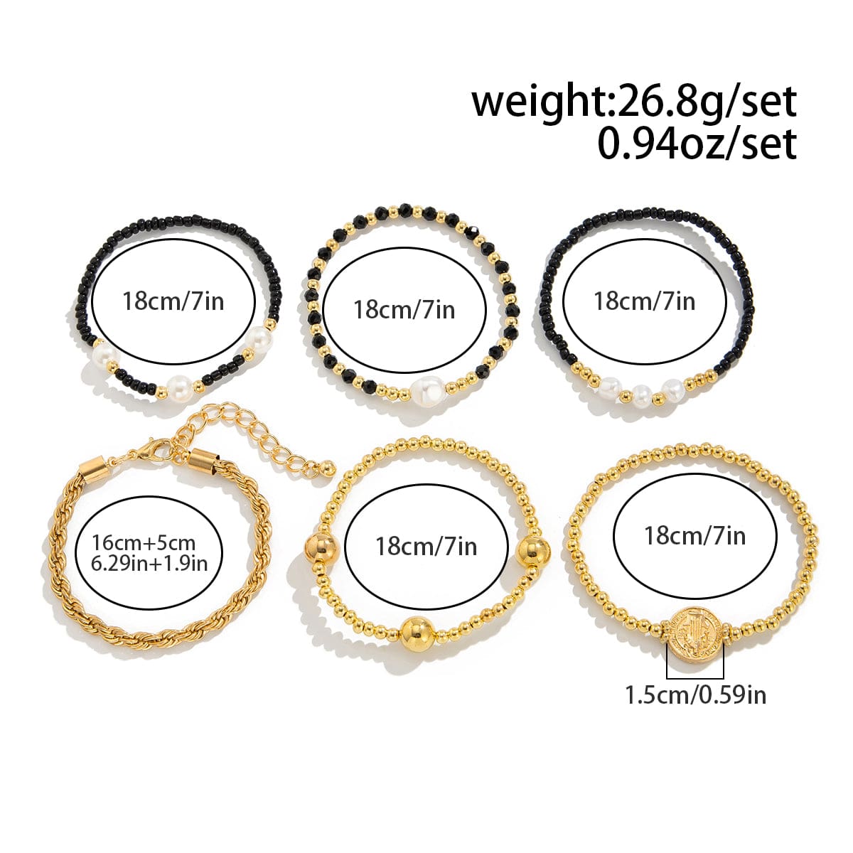 6 Pcs Pattern Round Disk Pearl Charm Crystal Seed Beaded Bracelet Set - ArtGalleryZen